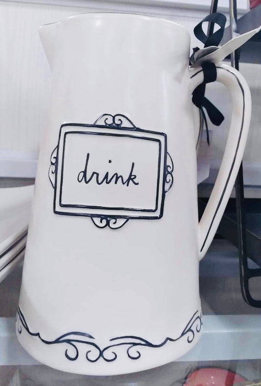 New Release Rae Dunn white ceramic script pitcher DRINK