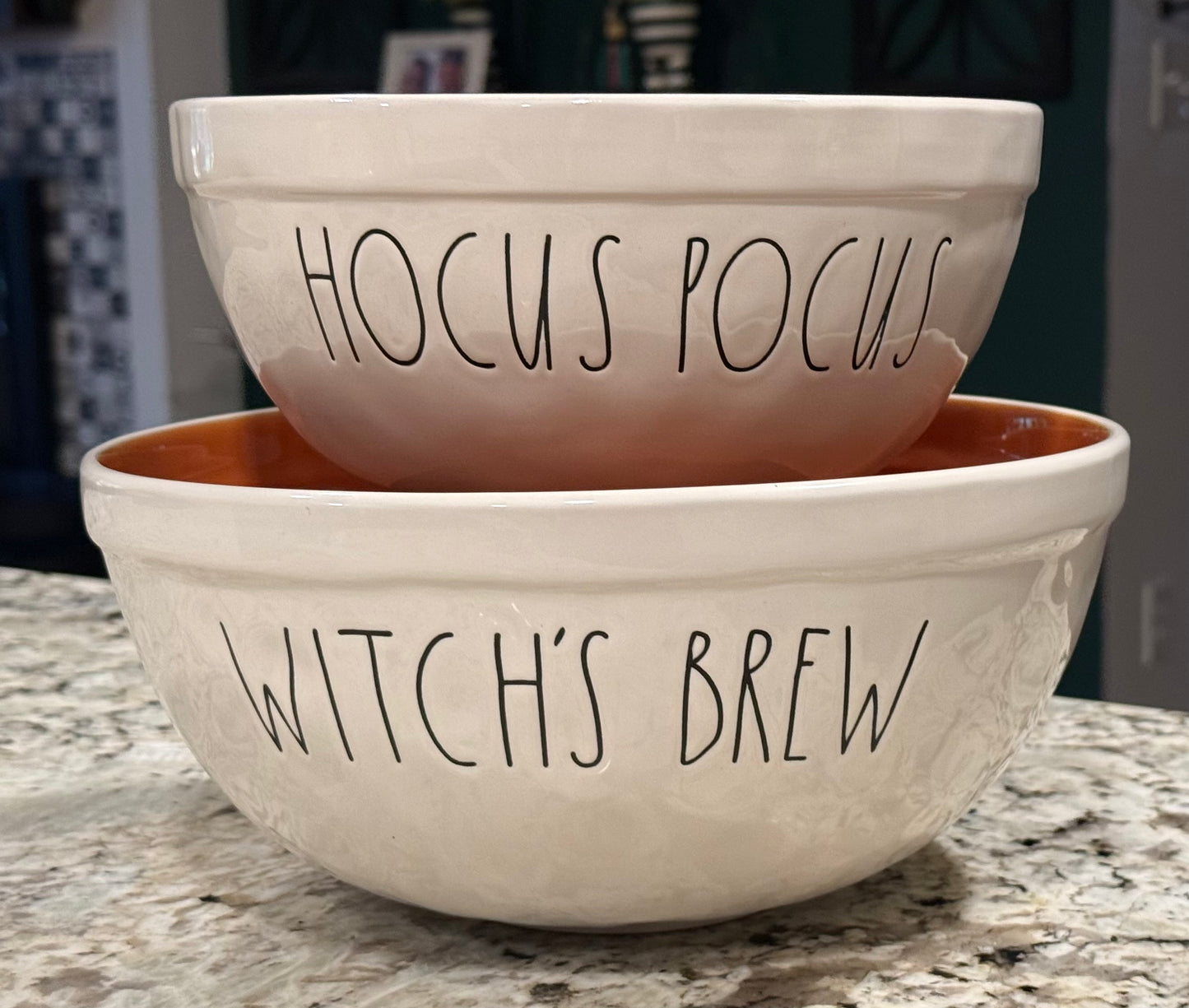 New Rae Dunn 2-piece white ceramic (orange interior) Halloween mixing bowl set HOCUS POCUS & WITCH’S BREW