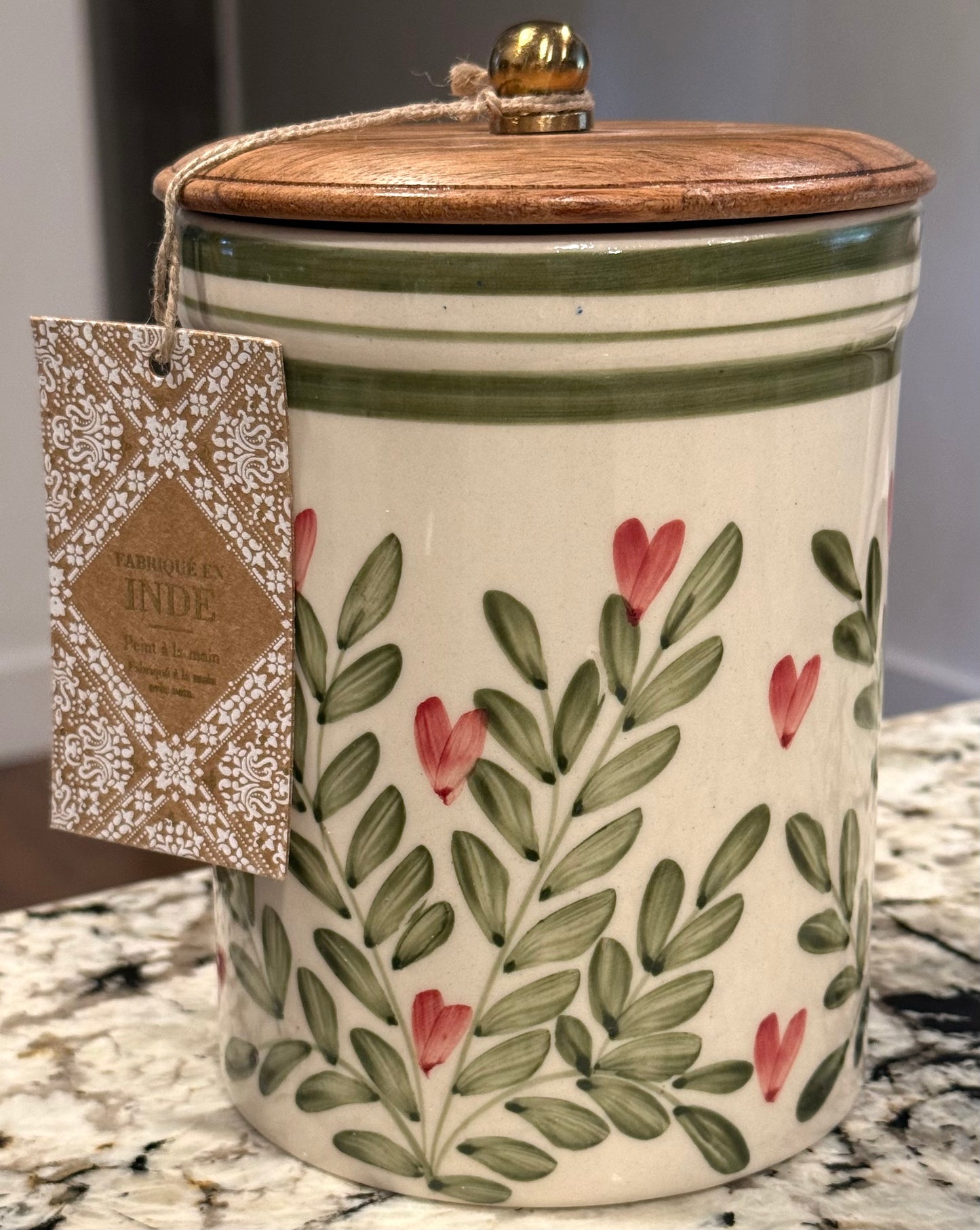 New Made in India green and pink heart ceramic storage canister 8.25”