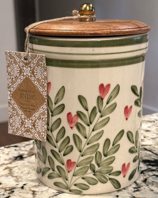 New Made in India green and pink heart ceramic storage canister 8.25”