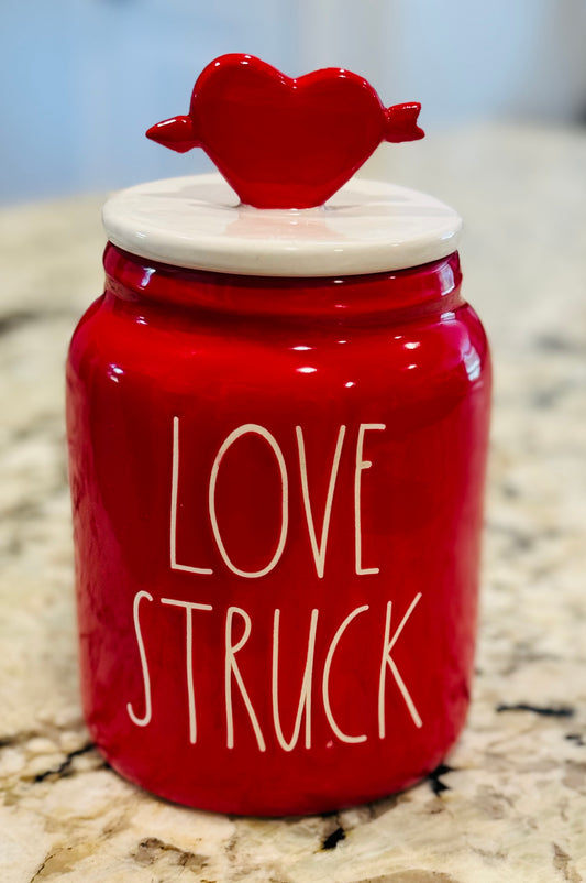 New Rae Dunn red ceramic heart topped canister LOVE STRUCK