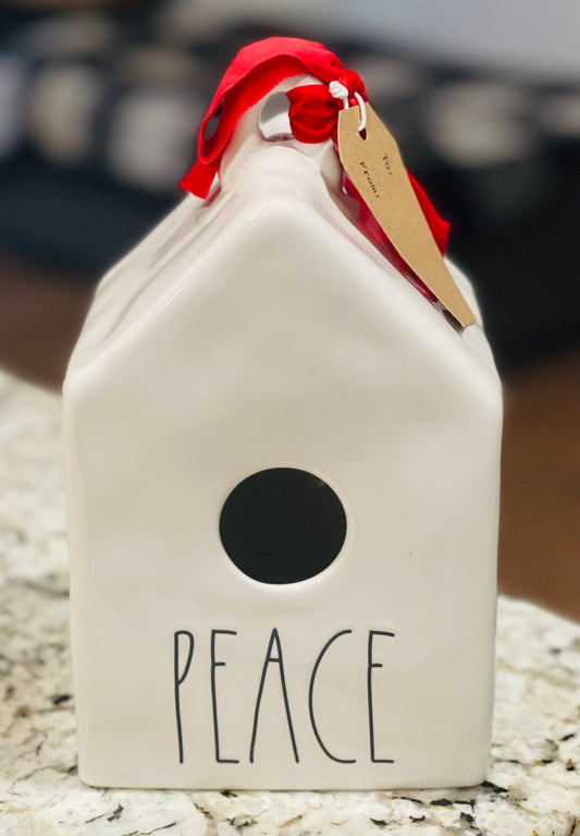 New Rae Dunn white ceramic birdhouse with original ribbon PEACE