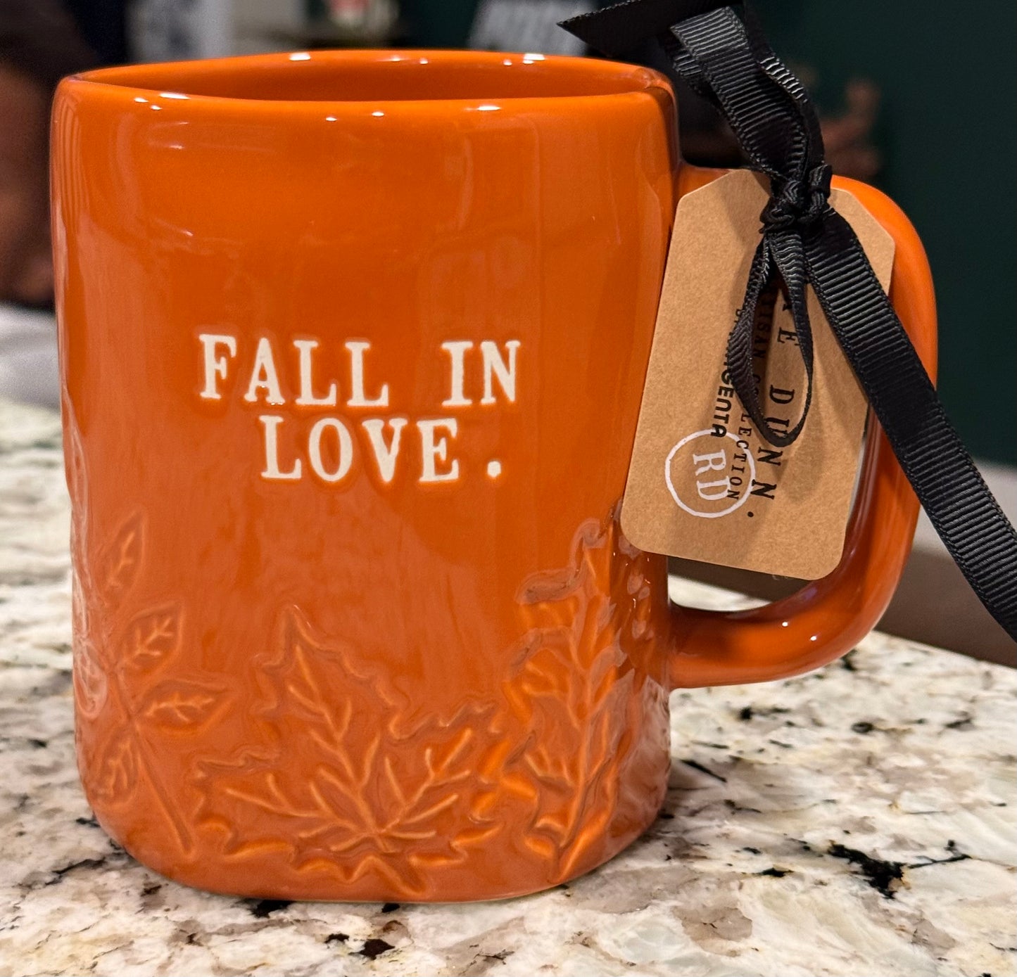 New Rae Dunn orange ceramic leaf stamped coffee mug FALL IN LOVE.