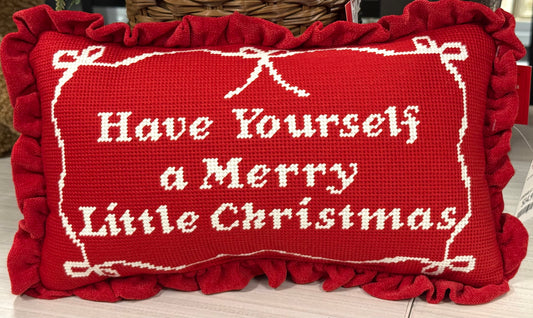 New red ruffled holiday hook throw pillow home decor 9x15 HAVE YOURSELF A MERRY LITTLE CHRISTMAS