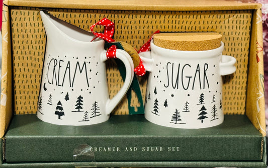 New Rae Dunn ceramic Christree tree print CREAM & SUGAR set