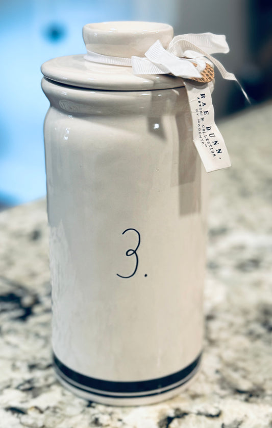 New Release Rae Dunn white ceramic cylinder canister with black rim 3.