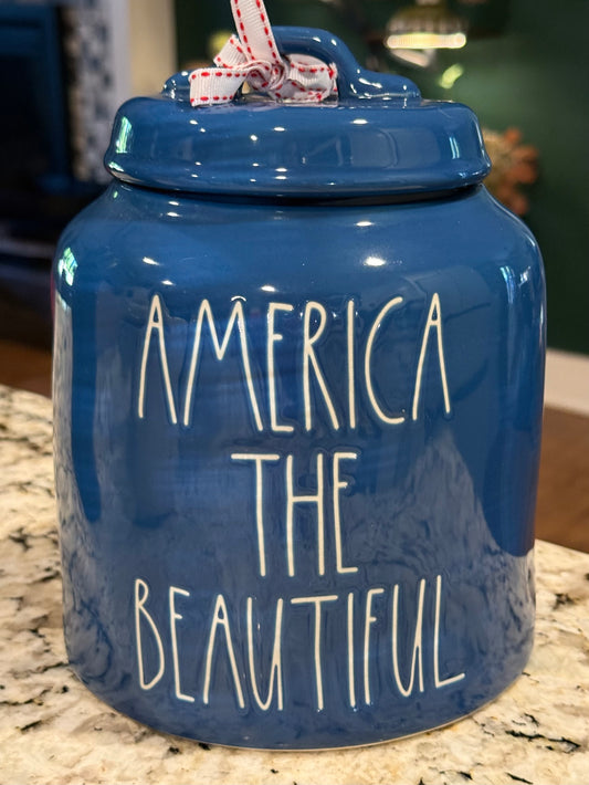New Rae Dunn blue patriotic USA ceramic 8” storage canister AMERICA THE BEAUTIFUL