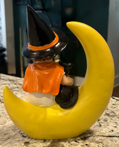 New vintage Halloween half moon girl with with cat 8”