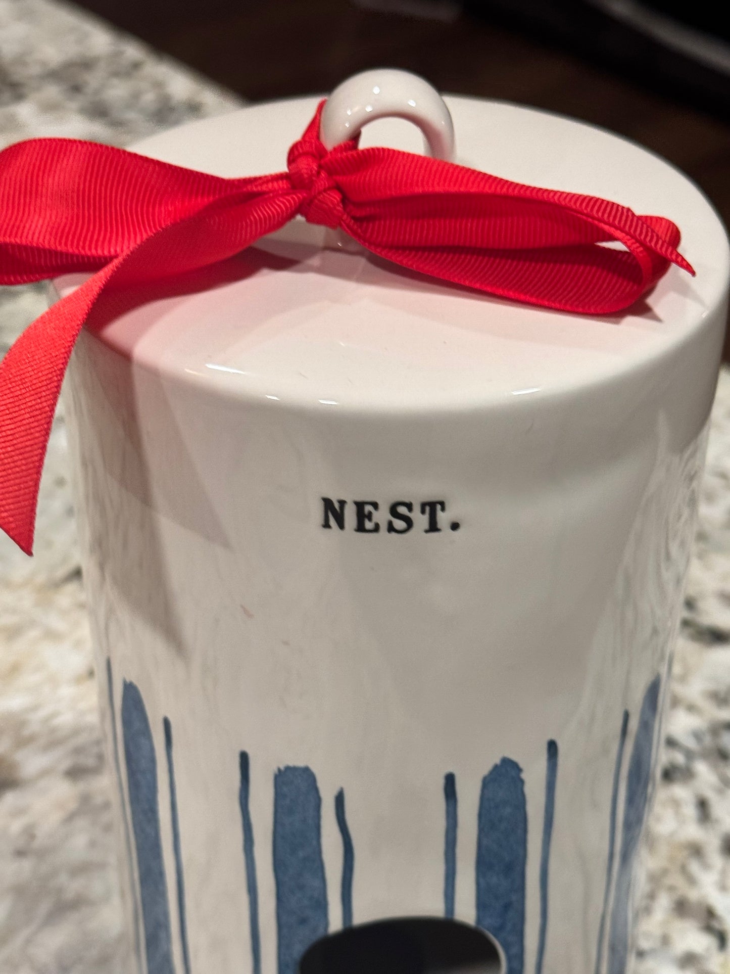 Rae Dunn ceramic blue striped NEST birdhouse decor