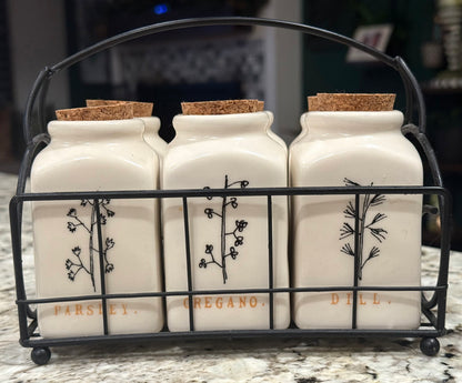 Rae Dunn white ceramic spice rack and storage jars