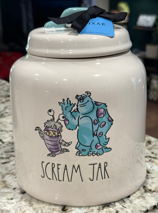 New Rae Dunn x Pixar’s Monsters Inc. white ceramic 8” cookie jar canister SCREAM JAR