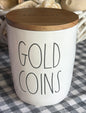 New Rae Dunn white ceramic 5” GOLD COINS storage cellar