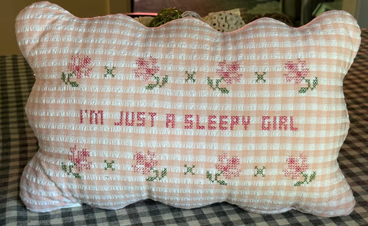 New pink gingham needlepoint floral embroidered throw pillow I’M JUST A SLEEPY GIRL