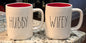 New Rae Dunn white ceramic coffee mug set red interior HUBBY/WIFEY
