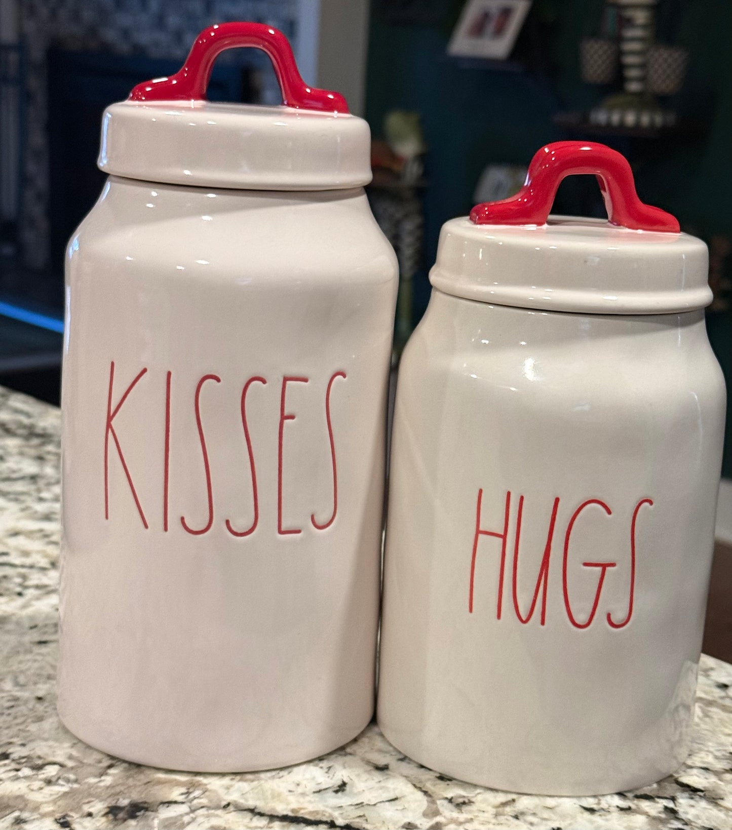 Rae Dunn white ceramic red lettering Valentine’s Day  canister set 9” 7.5” KISSES & HUGS