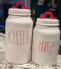 Rae Dunn white ceramic red lettering Valentine’s Day  canister set 9” 7.5” KISSES & HUGS