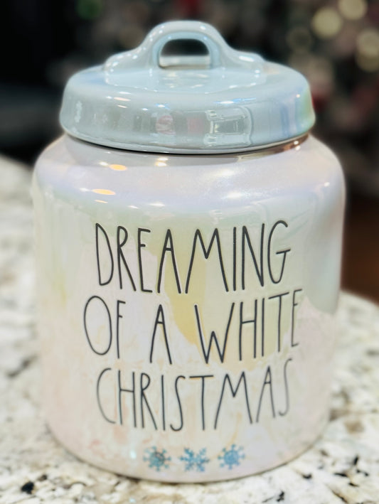 New Rae Dunn blue iridescent ceramic Christmas canister DREAMING OF A WHITE CHRISTMAS