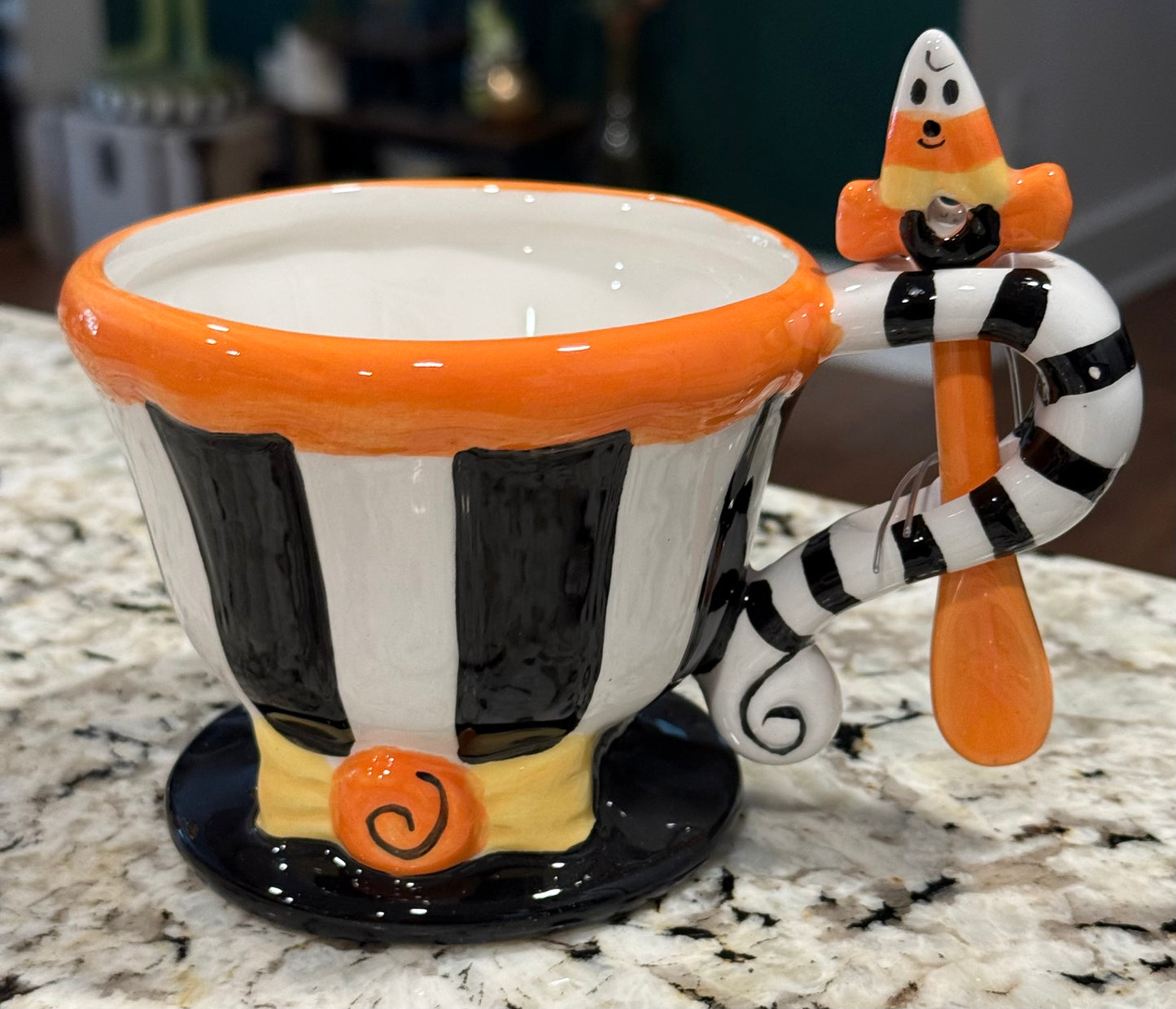 New Joanna Parker ceramic striped Halloween coffee mug with spoon