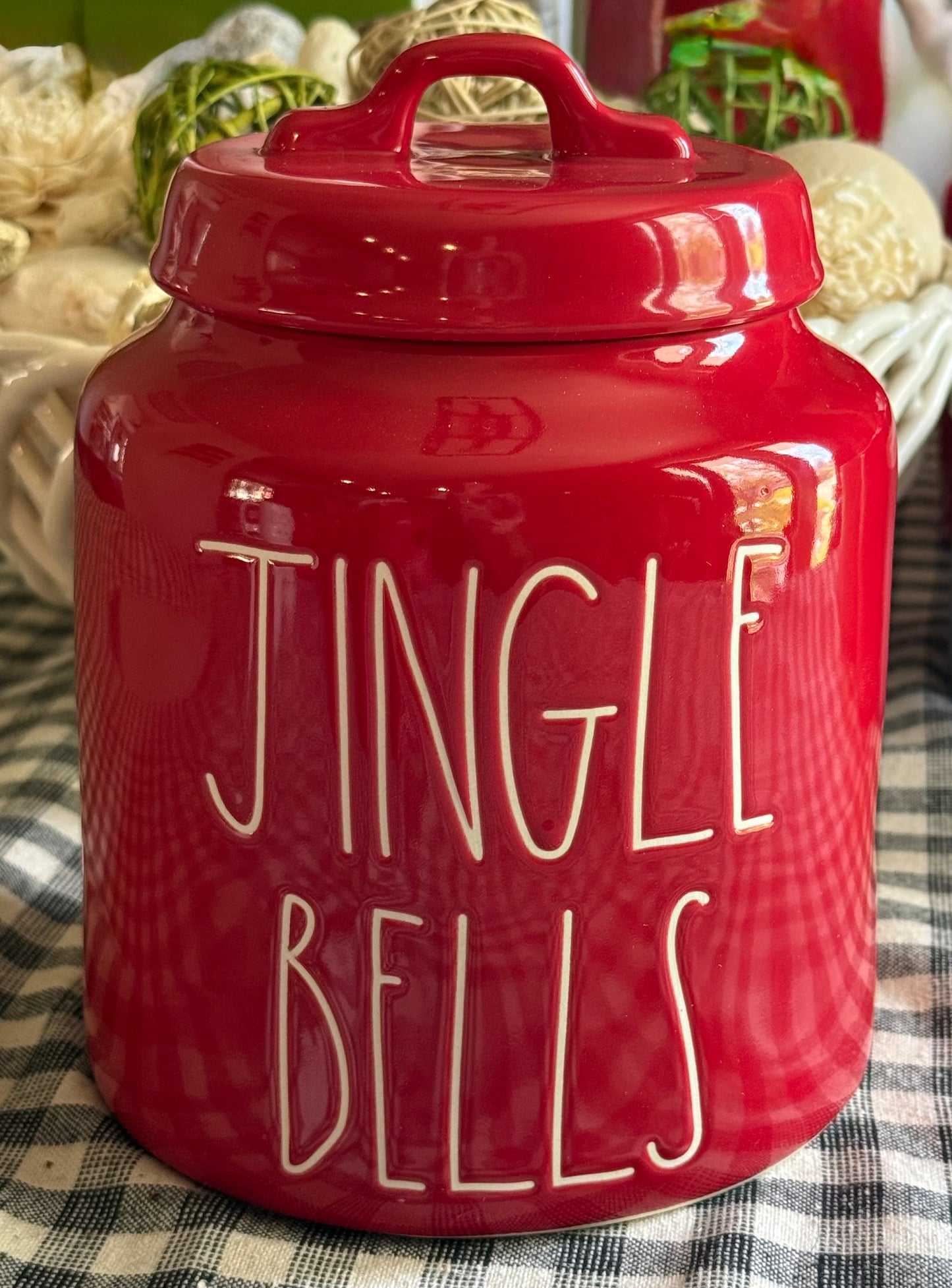 New Rae Dunn red ceramic Christmas decor canister cookie jar JINGLE BELLS 8”