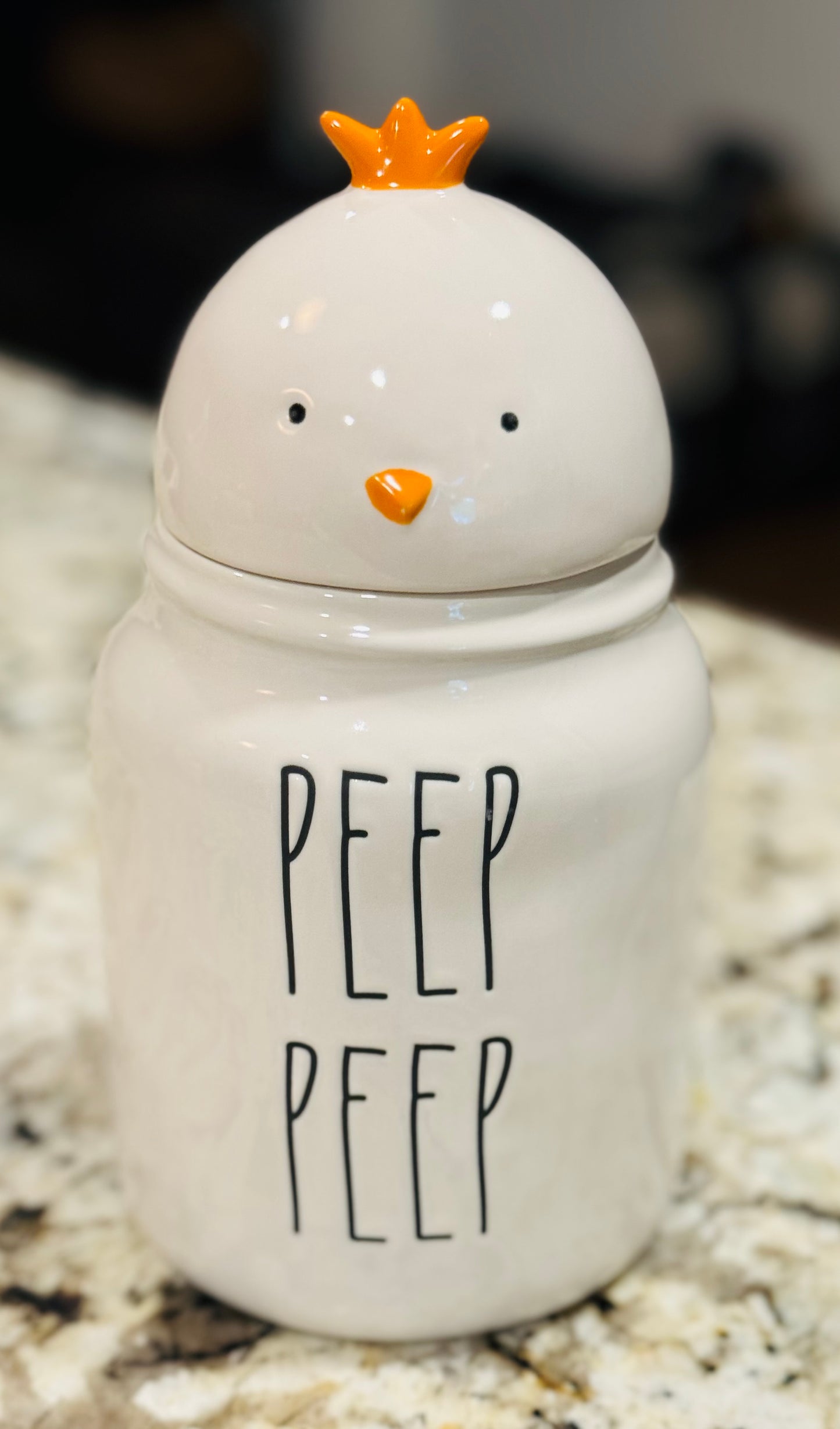 New Rae Dunn white ceramic Easter baby Easter canister with chick topper PEEP PEEP