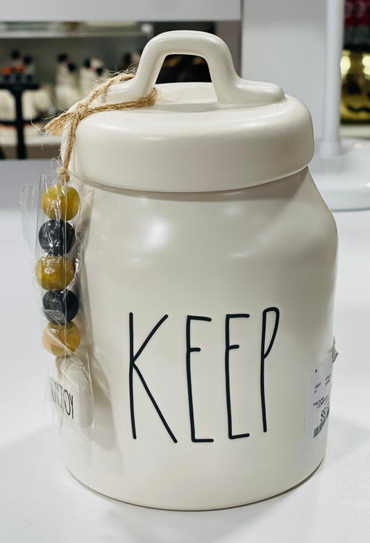 New Release Rae Dunn white ceramic baby KEEP canister with ENJOY beads