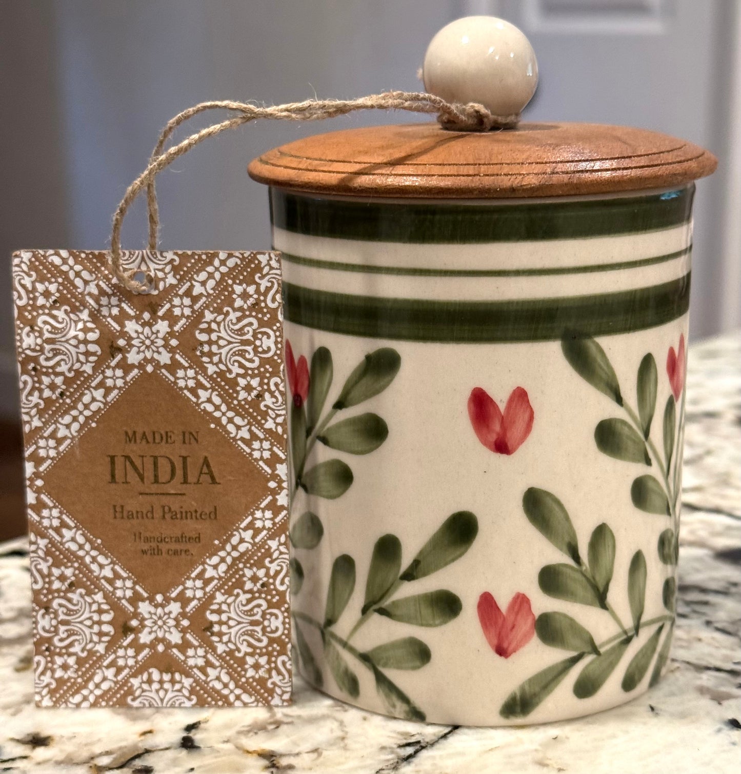 New Made in India green and pink heart ceramic storage canister 4”