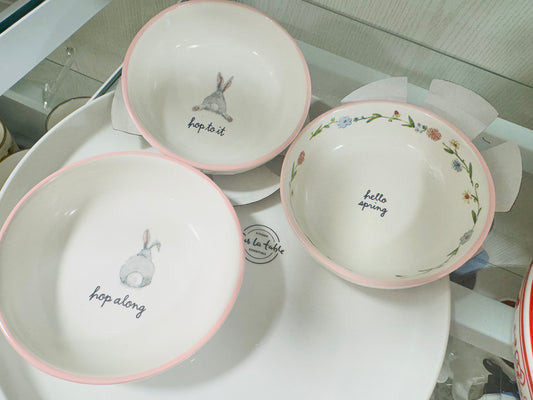 New Rae Dunn 3-piece Easter small bowl set Hello Spring, Hop to it, Hop along