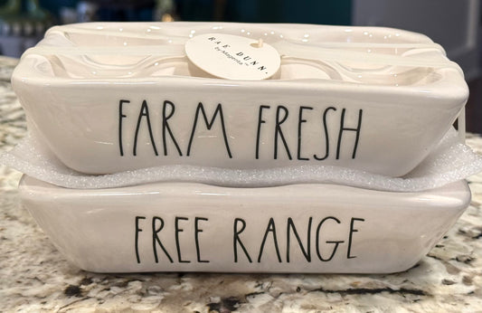 New Rae Dunn ceramic 2-piece breakfast egg holder set FARM FRESH / FREE RANGE