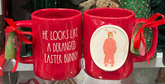 New Rae Dunn red ceramic Christmas coffee mug A CHRISTMAS STORY ralphie bunny suit, double sided. HE LOOKS LIKE A DERANGED EASTER BUNNY
