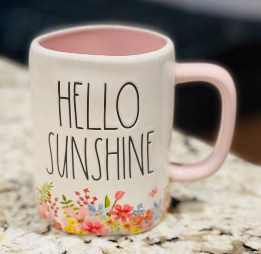 New Rae Dunn ceramic floral print coffee mug HELLO SUNSHINE