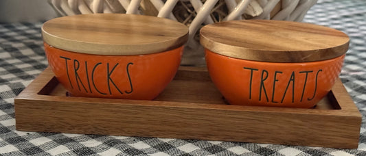 Rae Dunn orange ceramic Halloween decor ramekin bowl set TRICKS/TREATS