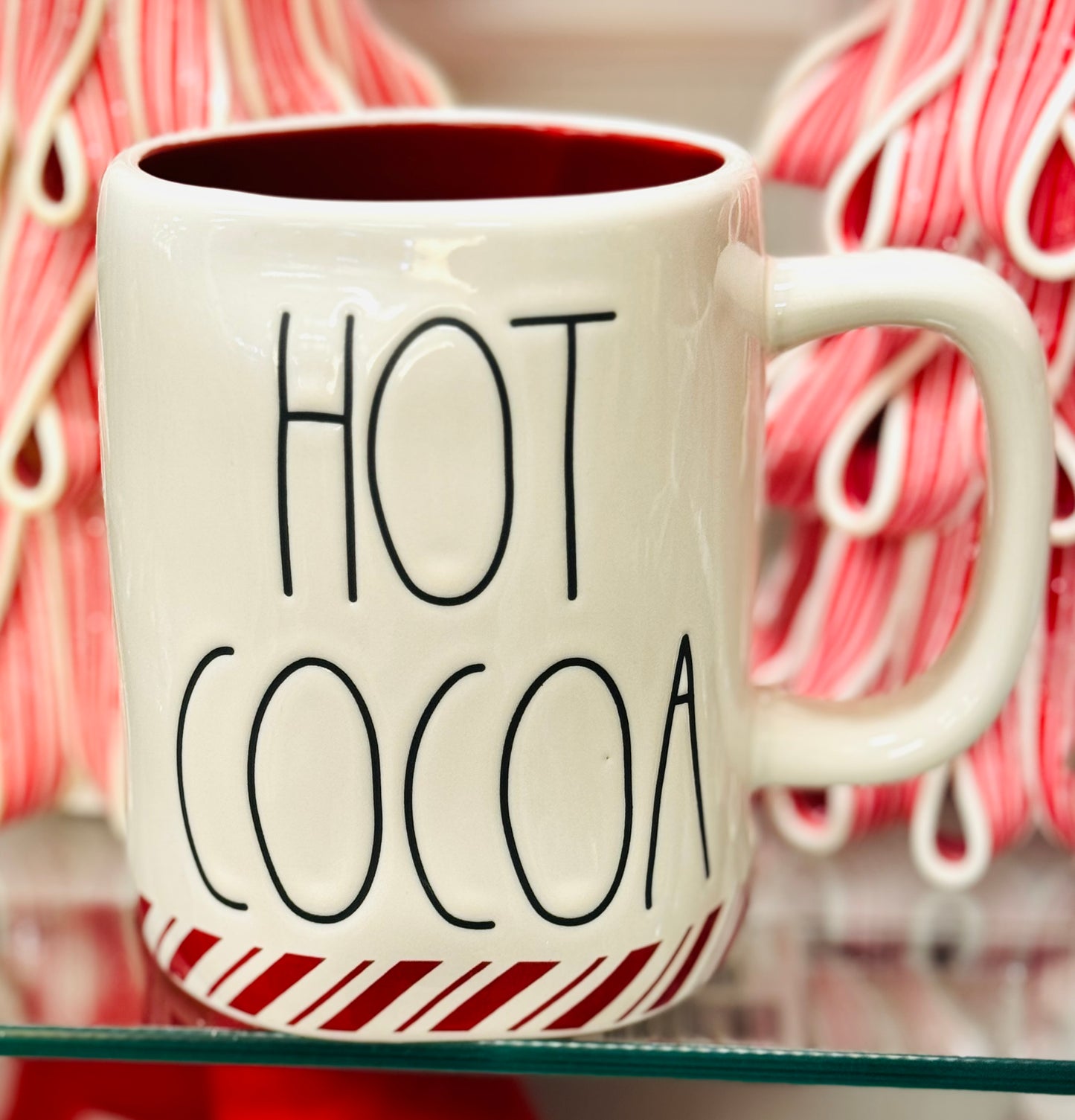 New Rae Dunn white ceramic striped bottom Christmas mug HOT COCOA