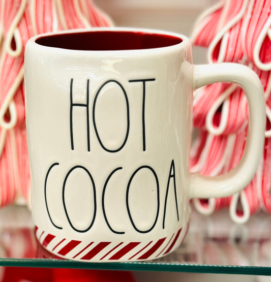 New Rae Dunn white ceramic striped bottom Christmas mug HOT COCOA