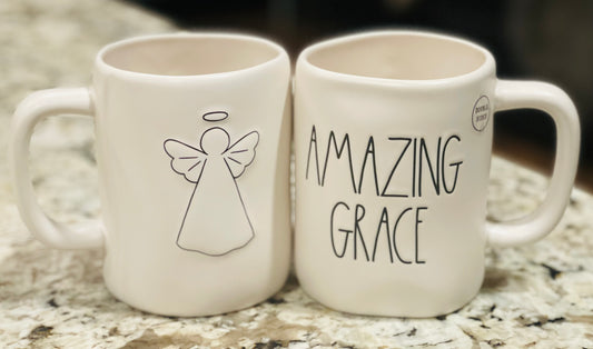New Rae Dunn white ceramic coffee mug AMAZING GRACE double sided Angel on back