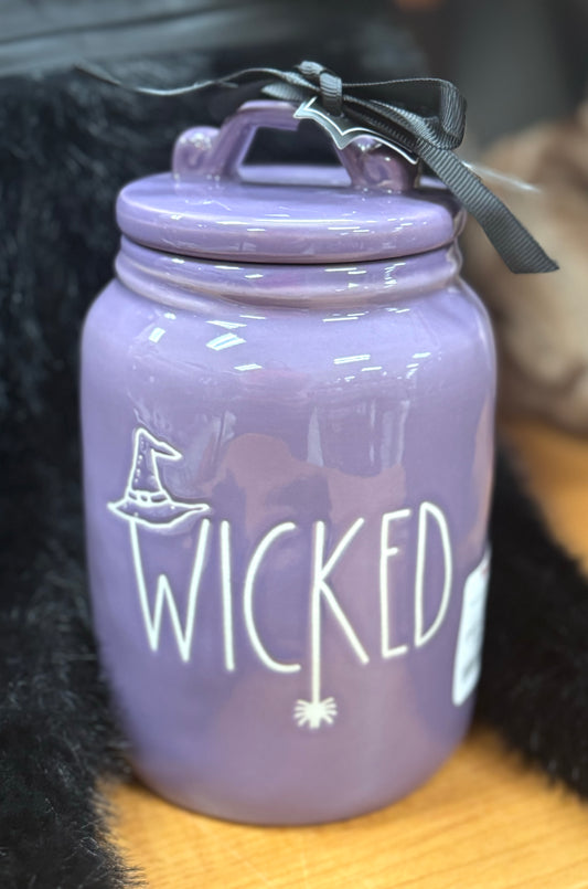 New Rae Dunn 6” purple ceramic Halloween canister decor WICKED