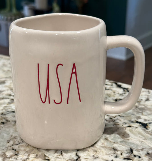 New Rae Dunn white patriotic USA Ceramic coffee mug/ flag on back