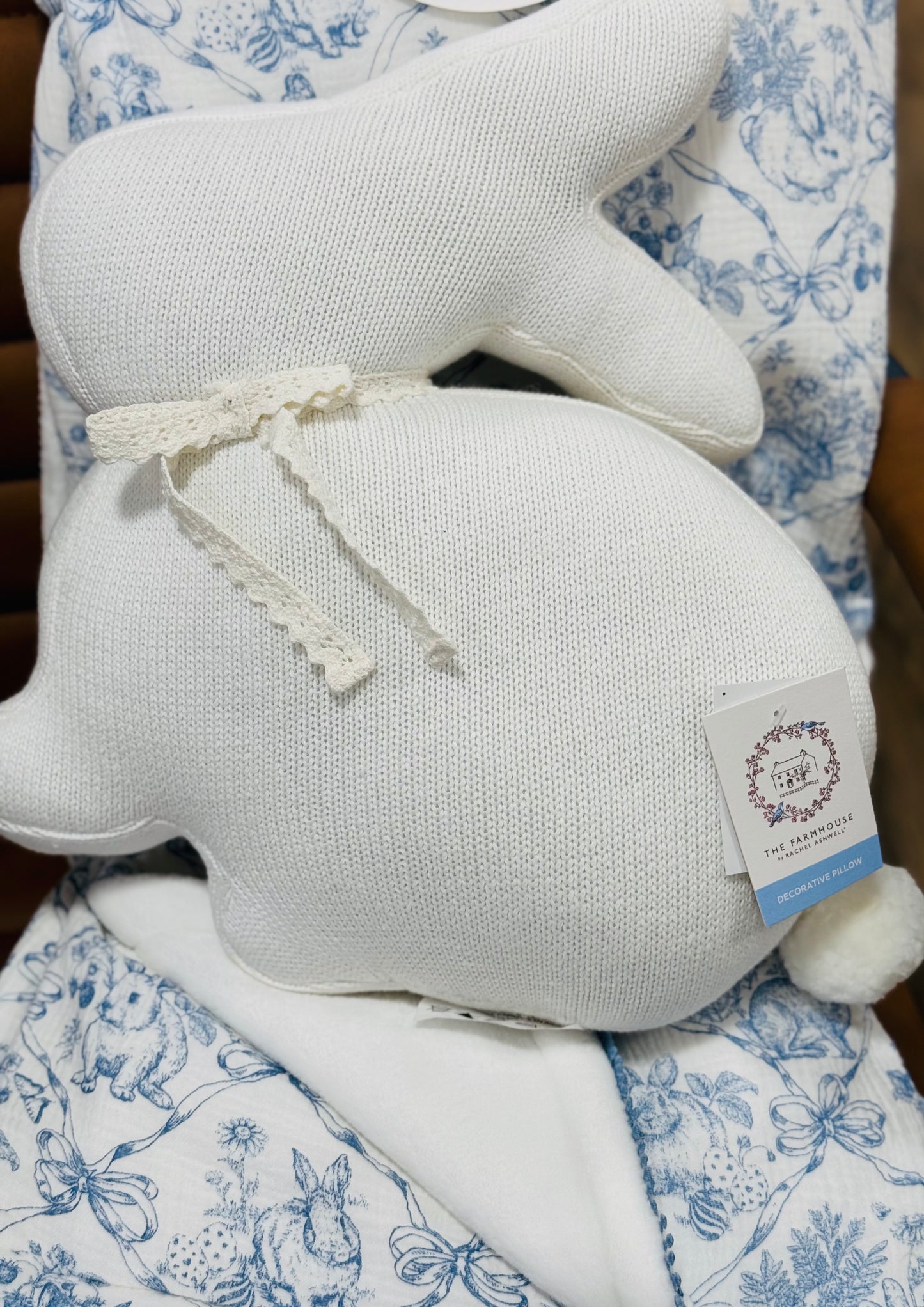 New Blue coquette Easter bunny gauzy reversible throw blanket and white bunny pillow with lace ribbon 50x70 throw