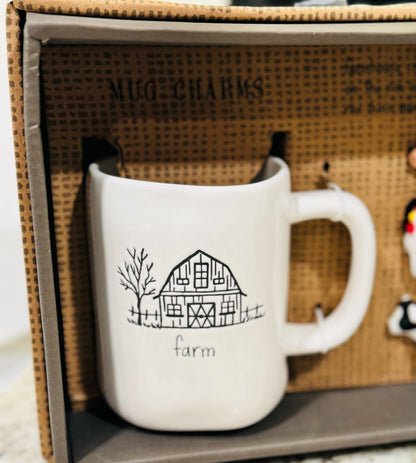 New Rae Dunn white ceramic Farm scene coffee mug & 3 mug charm box set