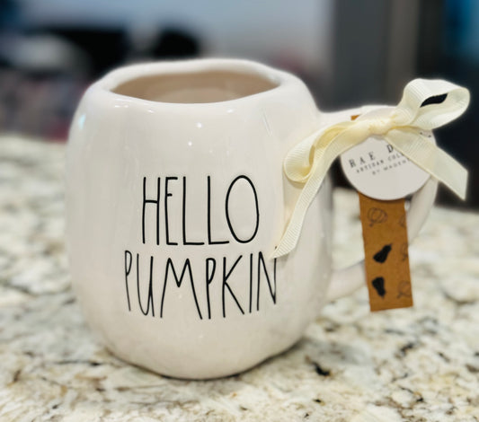 New Rae Dunn white ceramic pumpkin shaped coffee mug HELLO PUMPKIN