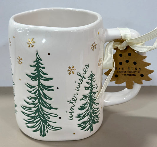 New Rae Dunn white & green ceramic coffee mug Christmas trees WINTER WISHES