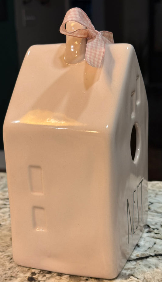 New Rae Dunn pink ceramic house birdhouse 8” NEST