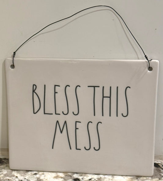 New Rae Dunn white ceramic wall hanging sign BLESS THIS MESS