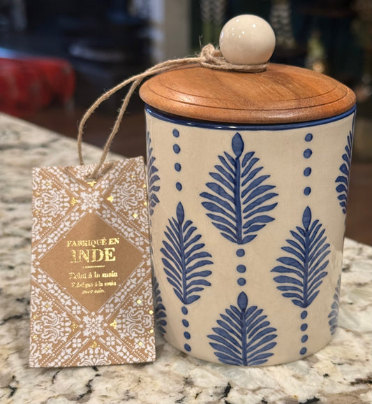 New Made in India ceramic blue leaf mini canister 4”