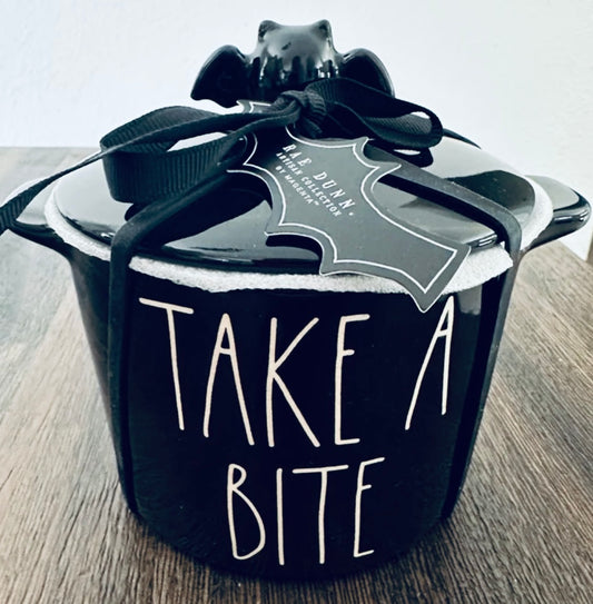 New Rae Dunn black iridescent ceramic Halloween bowl TAKE A BITE bat topped