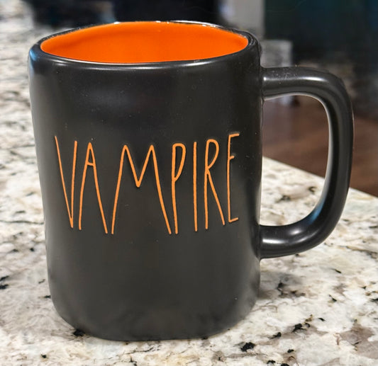 New Rae Dunn black ceramic coffee mug Halloween decor VAMPIRE Orange interior