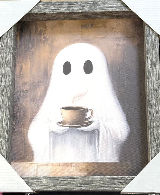 New Halloween ghost coffee decor gray wood framed photo 12x10