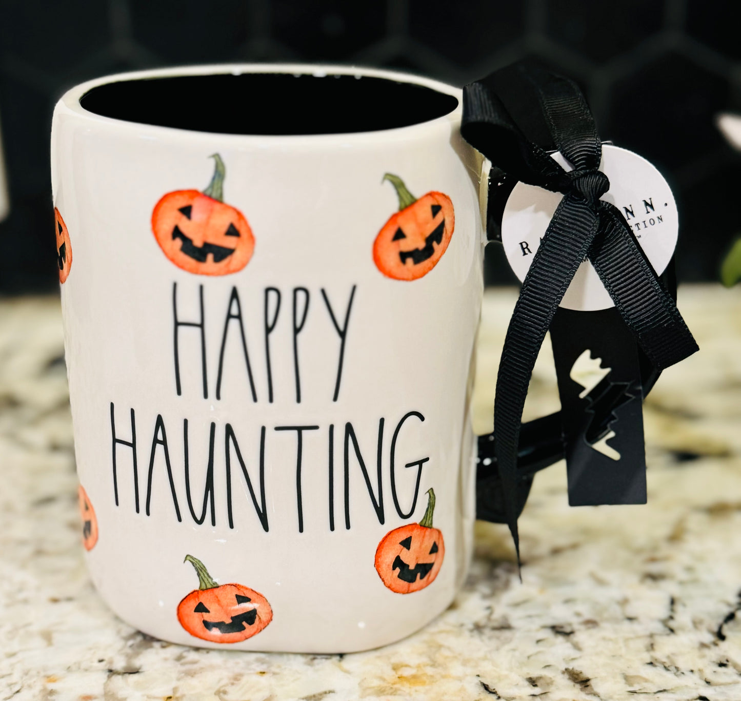 New Rae Dunn white ceramic pumpkin coffee Halloween mug HAPPY HAUNTING