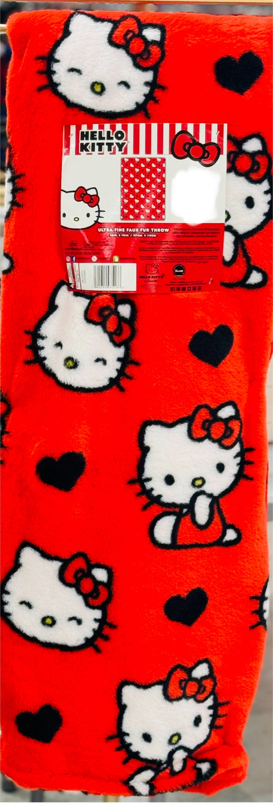 New Hello Kitty red faux fur oversized throw blanket black heart print 50x70