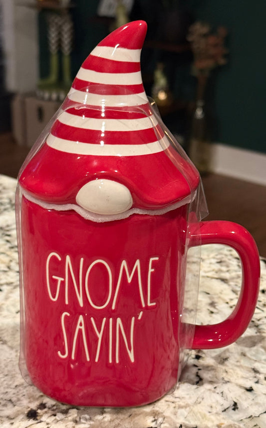 New Rae Dunn red ceramic topper coffee mug GNOME SAYIN’