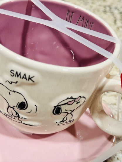 New Rae Dunn x Peanuts Snoopy ceramic heart shaped mug and saucer